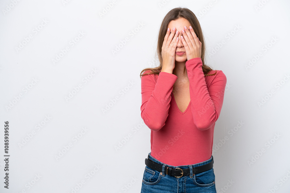 Young caucasian woman isolated on white background covering eyes by hands Young caucasian woman isolated on white background covering eyes by hands
