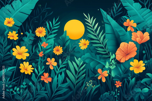 Vibrant Tropical Flowers Bloom Underneath a Yellow Moon
