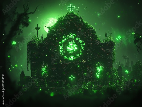 Gothic church glowing with eerie green light in mystical night setting. photo