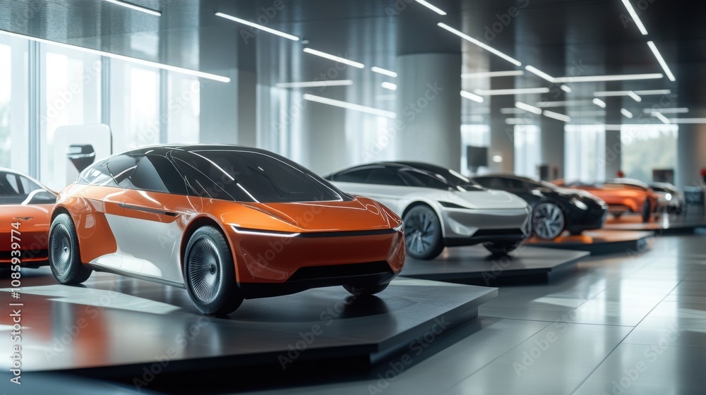 electric car showroom with various models on display, modern design, future of transportation electric car showroom with various models on display, modern design, future of transportation