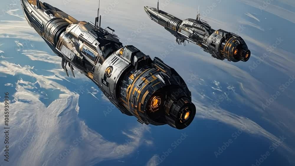 Spacefaring Vessels: Two futuristic spacecraft soar through the cosmos, their sleek metallic forms cutting through the atmosphere, leaving a trail of innovation and exploration in their wake. Spacefaring Vessels: Two futuristic spacecraft soar through the cosmos, their sleek metallic forms cutting through the atmosphere, leaving a trail of innovation and exploration in their wake.