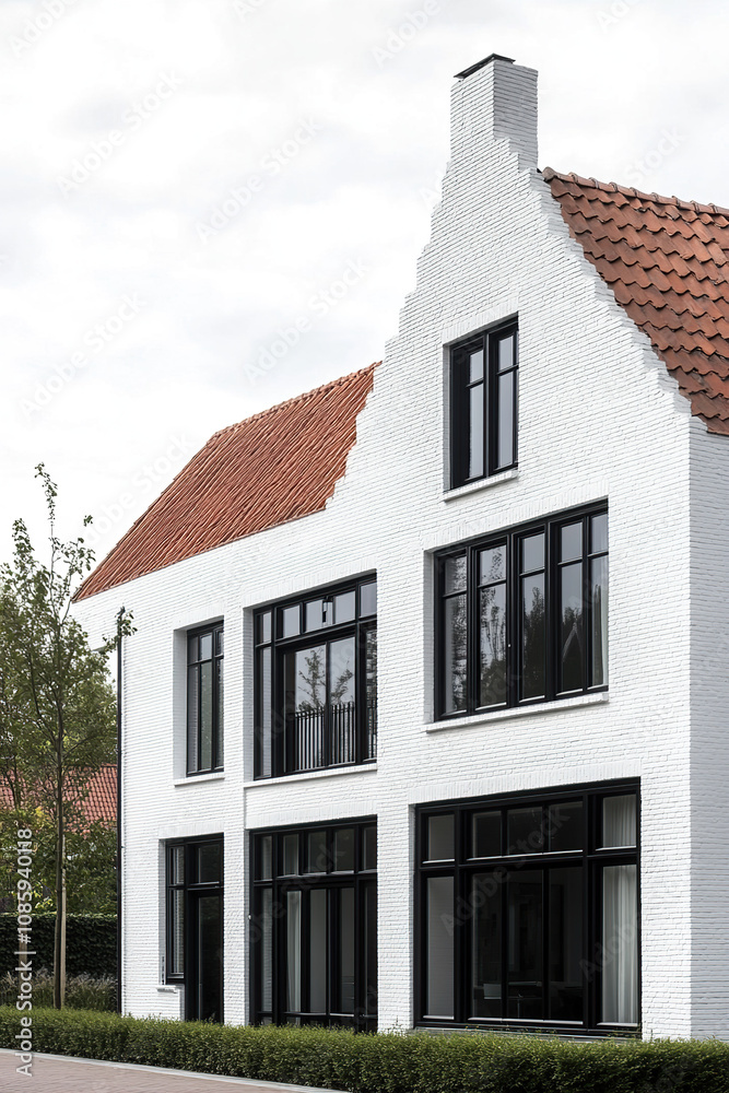 the White House with black windows: minimalist architecture, Dutch design movement, traditional roof tiles, red clay tile gable roof, traditional details, modernized old home facade, modern window. the White House with black windows: minimalist architecture, Dutch design movement, traditional roof tiles, red clay tile gable roof, traditional details, modernized old home facade, modern window.