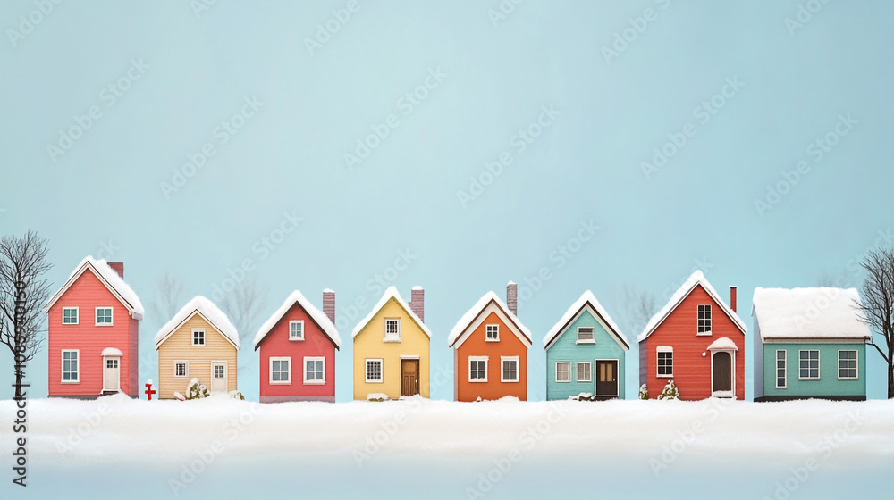 Colorful Snowy Houses Winter Village Row Real Estate Homescape Colorful Snowy Houses Winter Village Row Real Estate Homescape