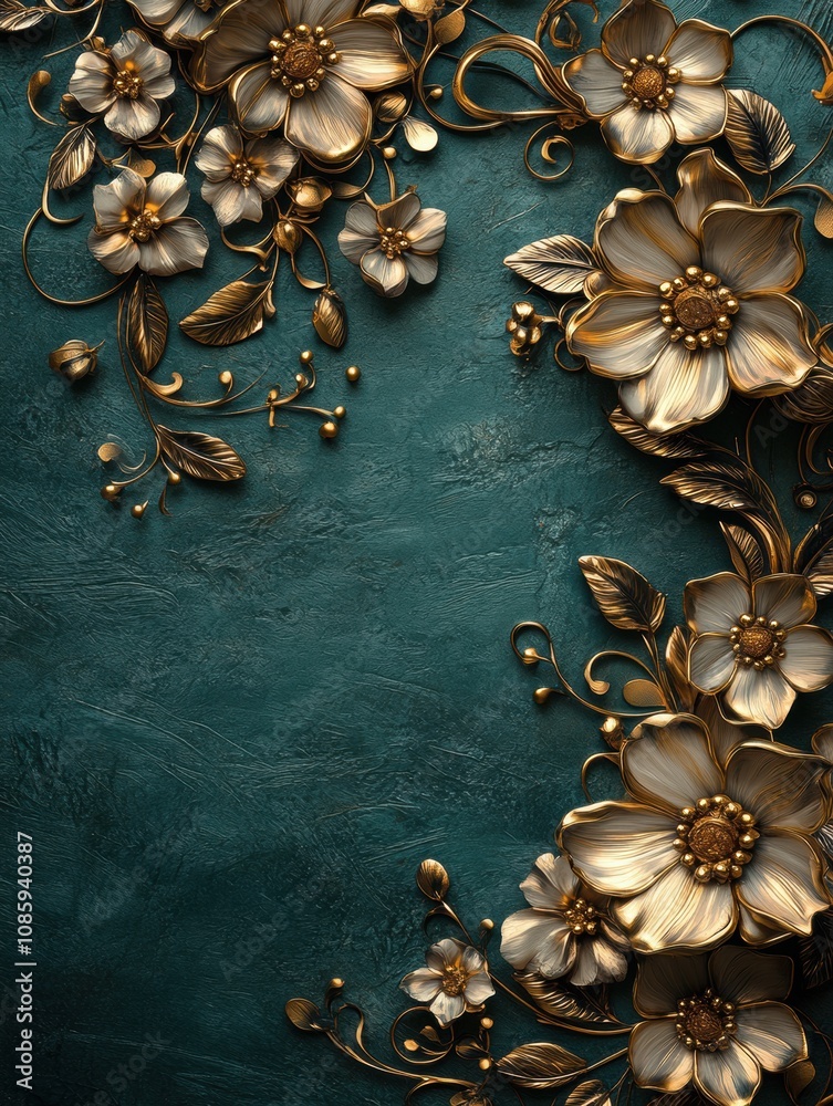 A gold flower design is framed by a dark green background A gold flower design is framed by a dark green background