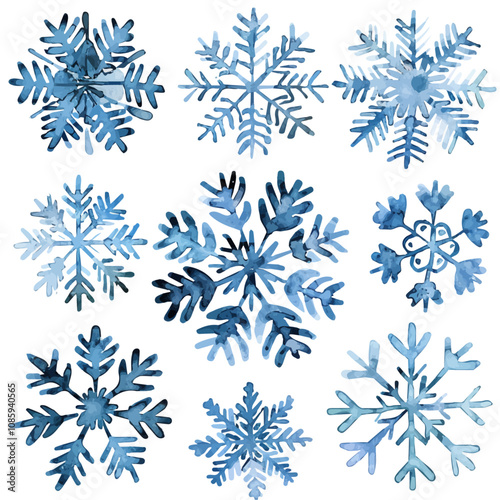 A watercolor vector of a set of holiday snowflakes, delicately designed, isolated on a white background. Holiday snowflakes vector.