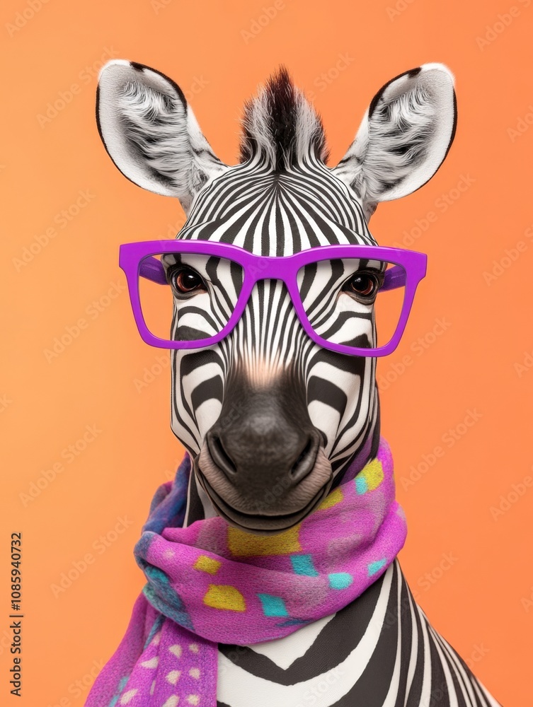 Naklejka premium Fashionable Zebra with Bright Purple Glasses and Colorful Scarf on Orange Background