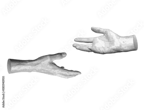 Two hands reaching toward each other, symbolizing love, unity, and help, with outstretched fingers gesturing for connection. Isolated in retro halftone dot style, inspired by