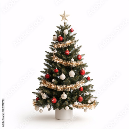 A beautifully decorated Christmas tree with ornaments, tinsel, and a star on top on a white background