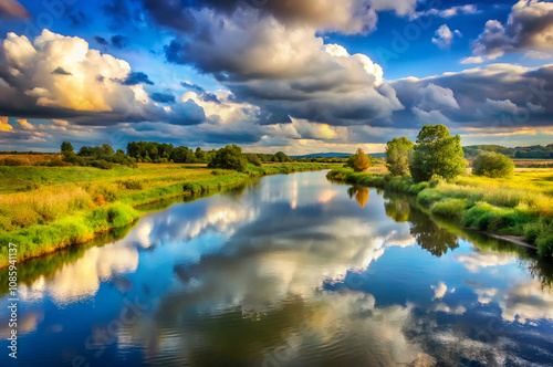 A serene landscape featuring a calm river reflecting fluffy clouds and vibrant greenery under a bright blue sky.