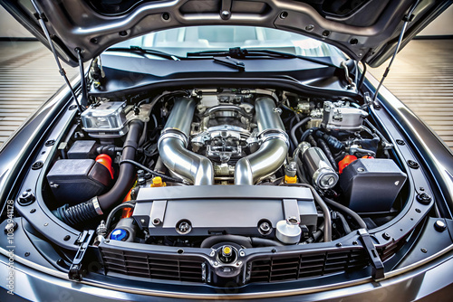 Wallpaper Mural A sleek car engine with polished metal components, featuring intricate detailing and advanced technology under the hood. Torontodigital.ca