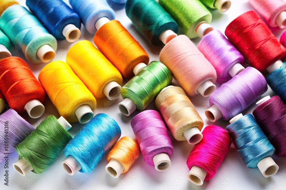 Colorful spools of thread on white background high angle Colorful spools of thread on white background high angle