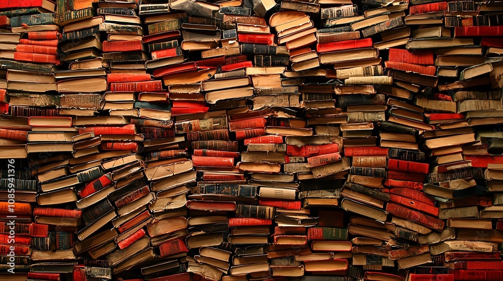 A vast collection of old books stacked in a chaotic yet intriguing arrangement. A vast collection of old books stacked in a chaotic yet intriguing arrangement.