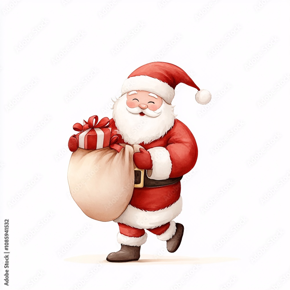 A watercolor illustration of Santa Claus carrying a gift sack, painted with vibrant red and white tones, isolated on a white background A watercolor illustration of Santa Claus carrying a gift sack, painted with vibrant red and white tones, isolated on a white background