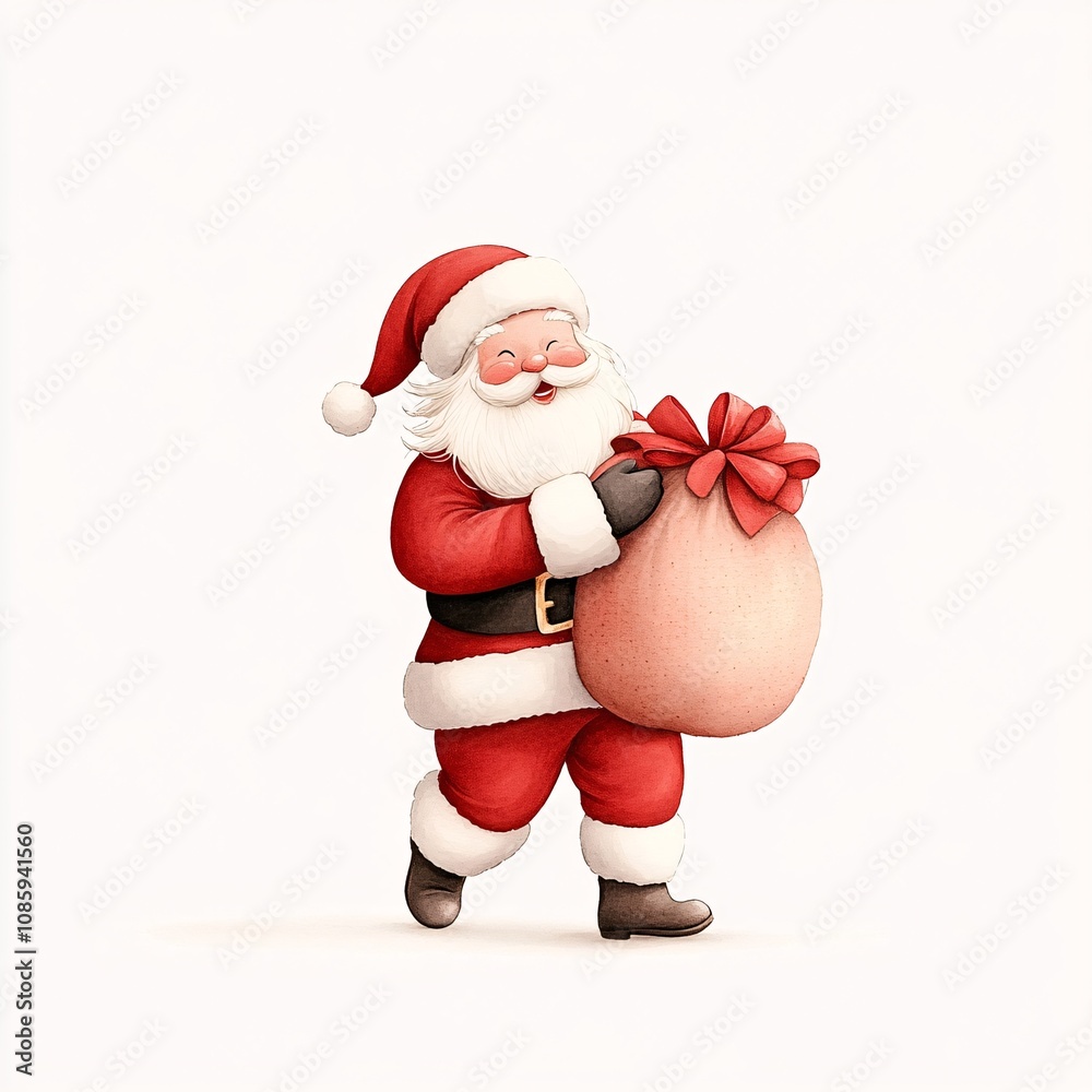 Obraz premium A watercolor illustration of Santa Claus carrying a gift sack, painted with vibrant red and white tones, isolated on a white background