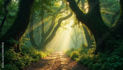 Enchanting forest path illuminated by sun rays through lush greenery