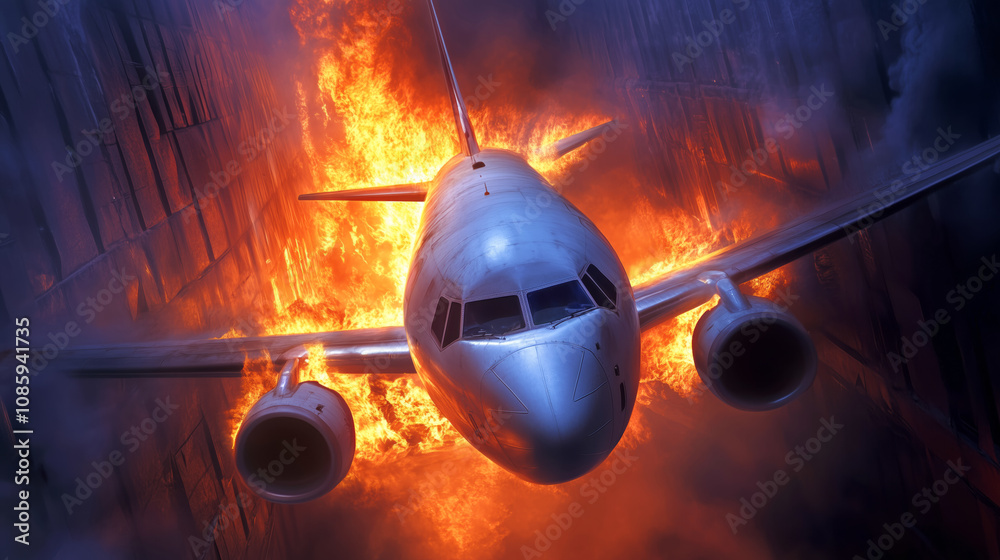 Dramatic airplane caught in fire while flying through dark canyon at sunset Dramatic airplane caught in fire while flying through dark canyon at sunset