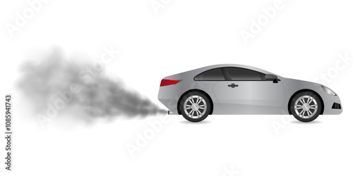 Car with Smoke. Car Air Pollution. Vector Illustration. 