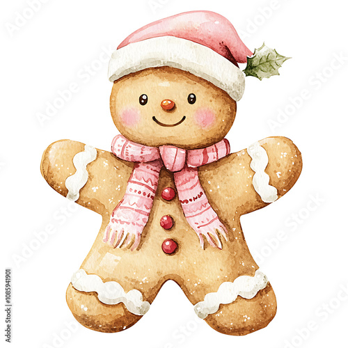 cheerful gingerbread girl wearing pink hat and scarf, perfect for Christmas. This festive character brings warmth and joy to holiday celebrations photo