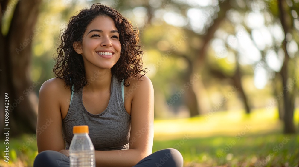 Latinx Woman Embracing Active Lifestyle in Park - Joyful Fitness Portrait with Negative Space Latinx Woman Embracing Active Lifestyle in Park - Joyful Fitness Portrait with Negative Space