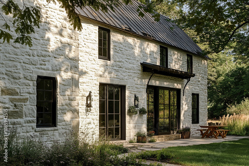 An old white stone farmhouse with black windows and doors, sitting on top of lush green grass in the Middle Eastern style. In front, there is a small patio area with a table and chairs.