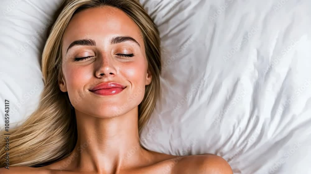 Serene woman relaxing on pillow with blissful expression Serene woman relaxing on pillow with blissful expression