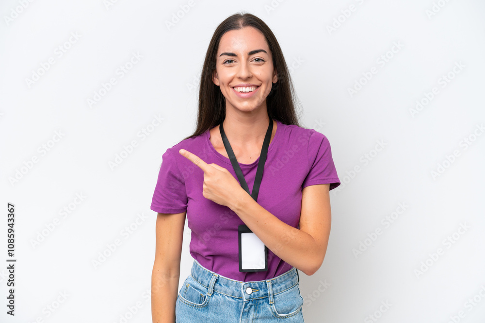 Obraz premium Young caucasian woman with ID card isolated on white background pointing to the side to present a product