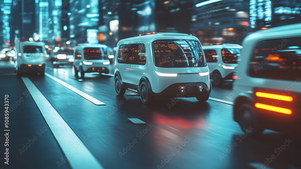 Fototapeta premium A fleet of self-driving delivery vans navigating city streets each monitored through a centralized digital system.
