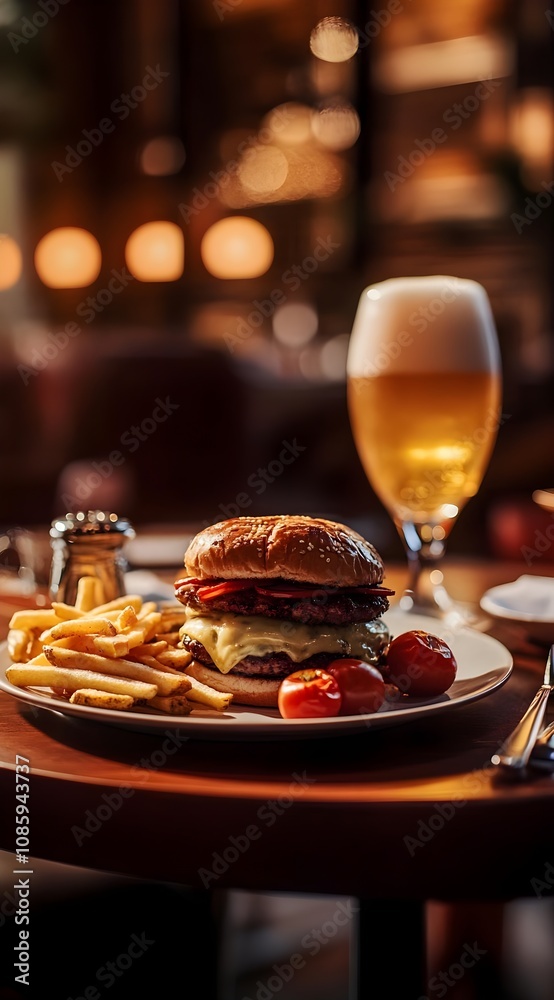 Delicious Gourmet Hamburger with Cheese, Crispy French Fries, and Cherry Tomatoes Accompanied by a Refreshing Glass of Beer in a Cozy Restaurant Setting Delicious Gourmet Hamburger with Cheese, Crispy French Fries, and Cherry Tomatoes Accompanied by a Refreshing Glass of Beer in a Cozy Restaurant Setting