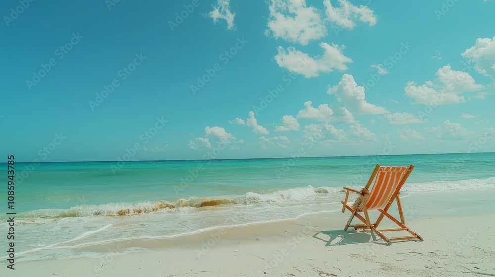Lounge chair on a tropical beach with white sand, crystal clear sea, and vibrant colors Lounge chair on a tropical beach with white sand, crystal clear sea, and vibrant colors