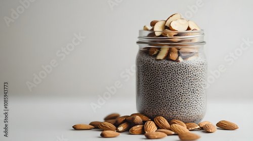 A glass jar of chia pudding topped with a few almond slices against a soft white background.