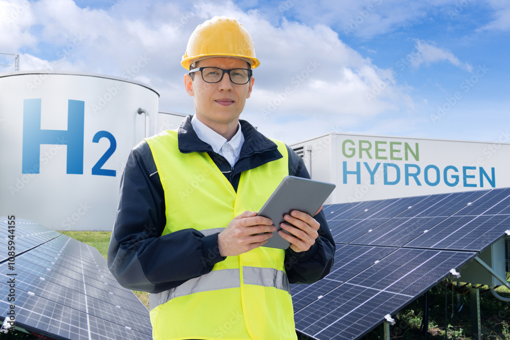 Engineer with tablet computer on a background of Hydrogen factory. Engineer with tablet computer on a background of Hydrogen factory.