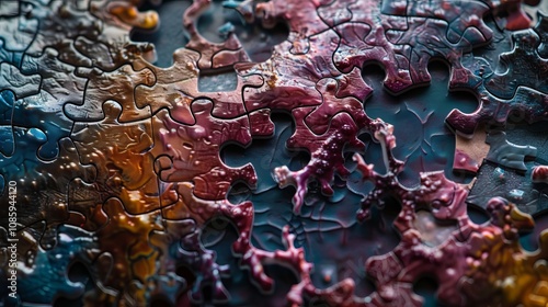 Intricate macro view of a cancer tumor puzzle colorful, textured pieces representing tumor biology