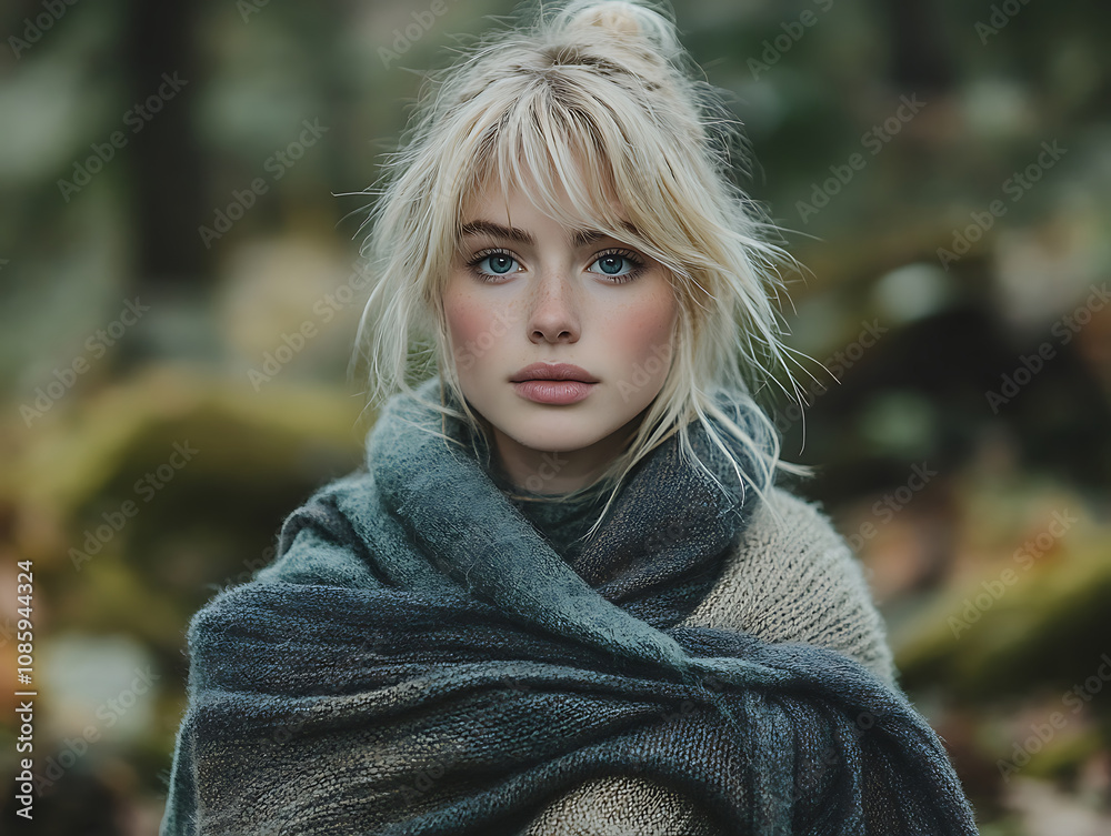 Young blonde woman wrapped in wool blanket, standing in forest. Her striking blue eyes and soft features convey sense of calm and serenity amidst nature Young blonde woman wrapped in wool blanket, standing in forest. Her striking blue eyes and soft features convey sense of calm and serenity amidst nature
