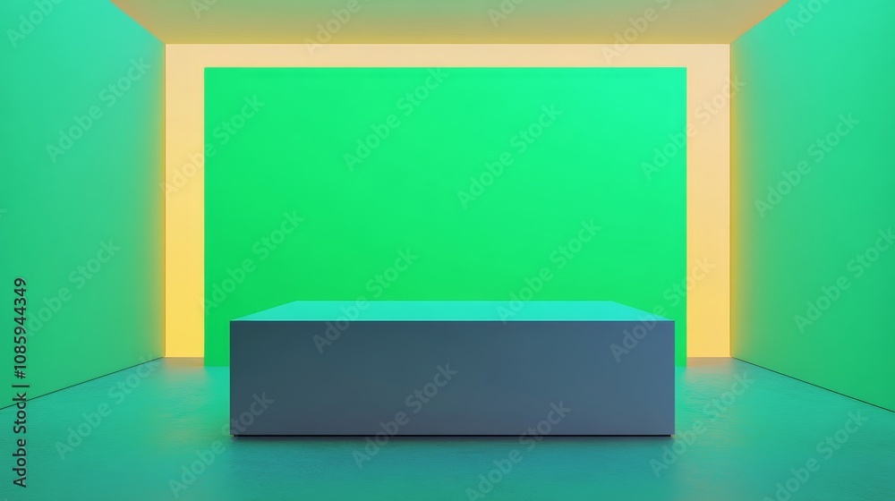 Fototapeta premium A minimalistic room featuring a solid-color backdrop and a central rectangular table, illuminated by vibrant green and yellow lighting.