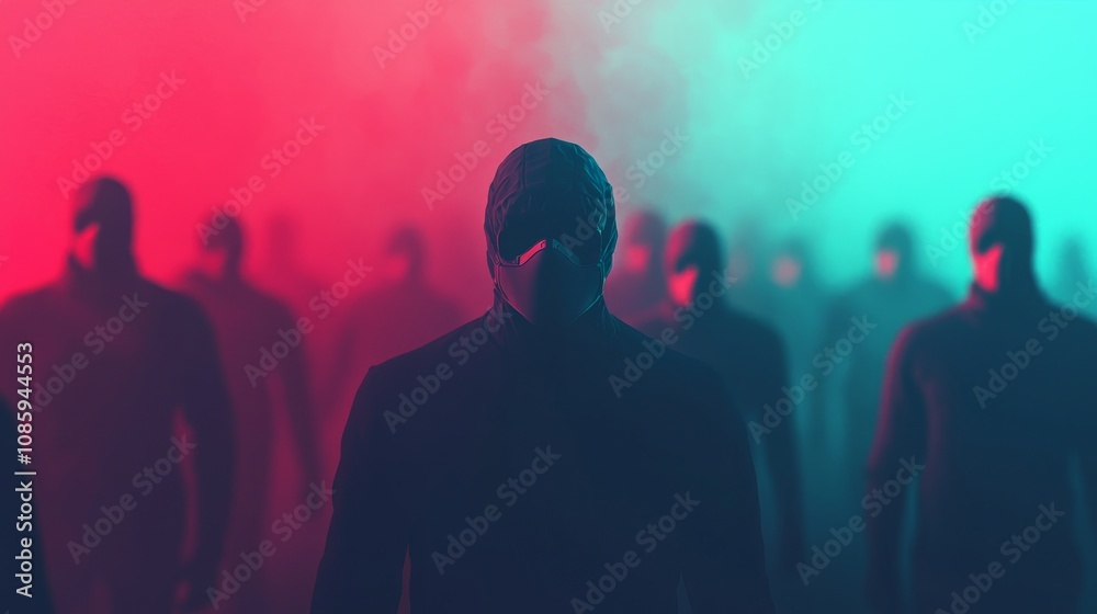A group of shadowy figures in a foggy, colorful atmosphere, creating a mysterious and eerie vibe with red and teal lighting. A group of shadowy figures in a foggy, colorful atmosphere, creating a mysterious and eerie vibe with red and teal lighting.