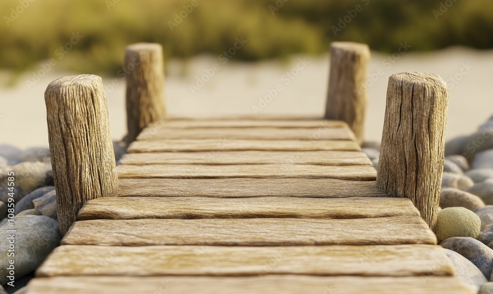 Obraz premium Rustic wooden bridge, serene sandy backdrop, dimensional artwork.
