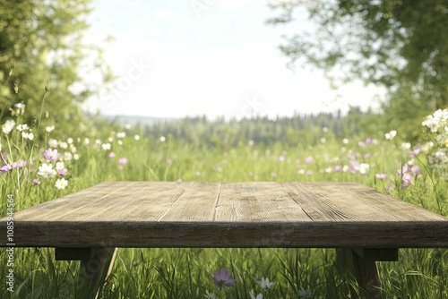 Rustic picnic area, embellished with wildflowers, tranquil glade vibe, digital artwork.