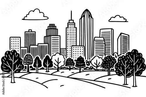 Line Drawing Illustration of a City Park with Skyscrapers in the Background