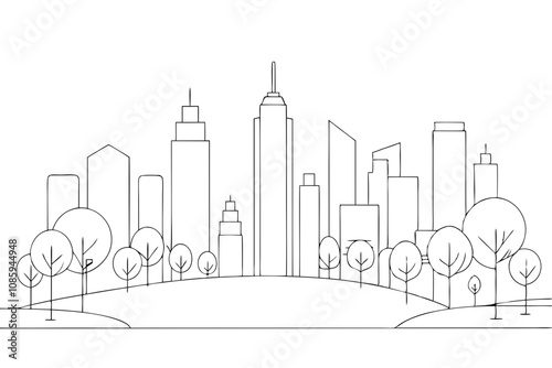 Line Drawing Illustration of a City Park with Skyscrapers in the Background