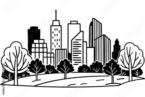 Line Drawing Illustration of a City Park with Skyscrapers in the Background
