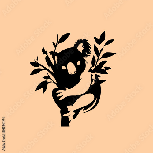 vector animal illustration, logo, silhouette with a koala on a wooden branch
