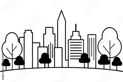 Line Drawing Illustration of a City Park with Skyscrapers in the Background