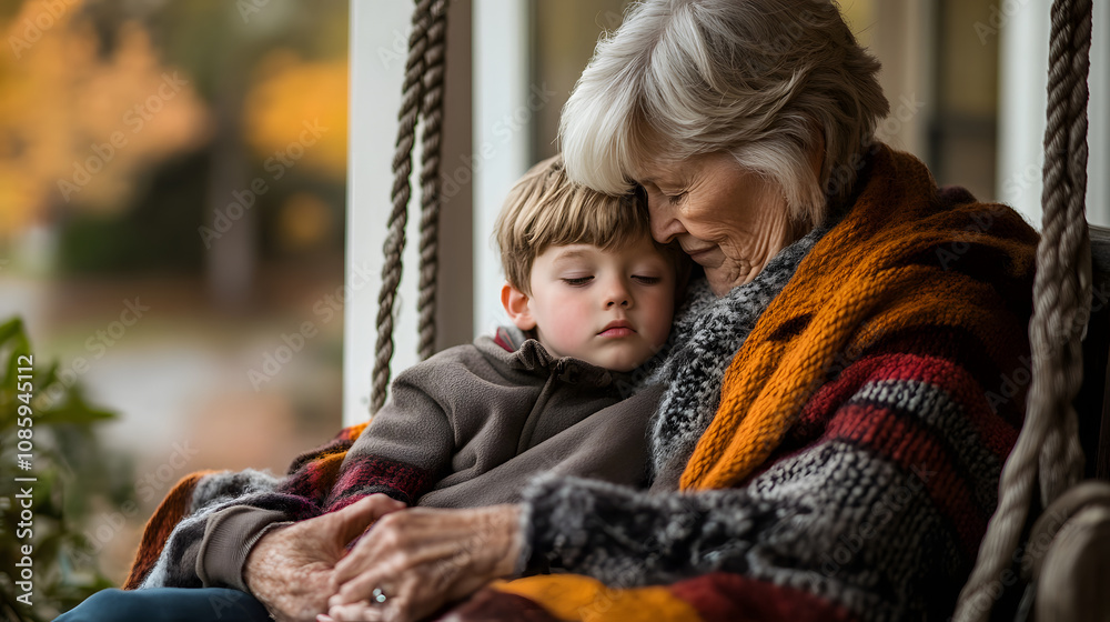 A grandmother and young grandson sitting on a porch swing wrapped in a warm blanket sharing a quiet moment together. A grandmother and young grandson sitting on a porch swing wrapped in a warm blanket sharing a quiet moment together.
