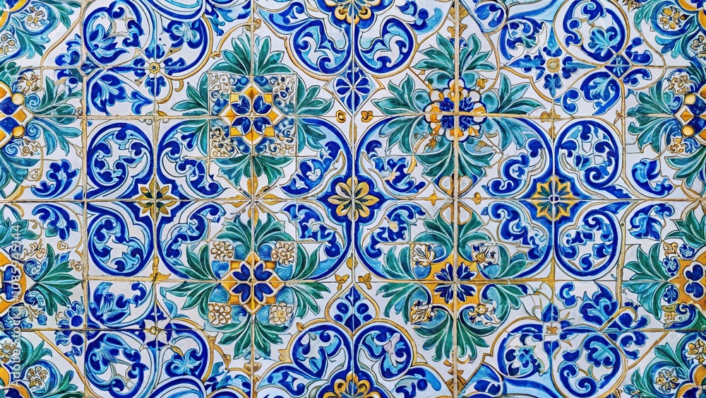 Colorful tiled pattern background of blue and white tiles Colorful tiled pattern background of blue and white tiles