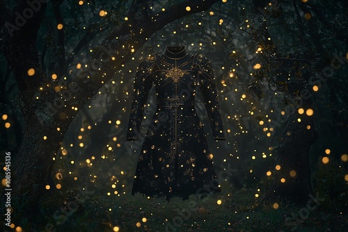 Magical forest scene with glowing lights and a mysterious cloak. photo