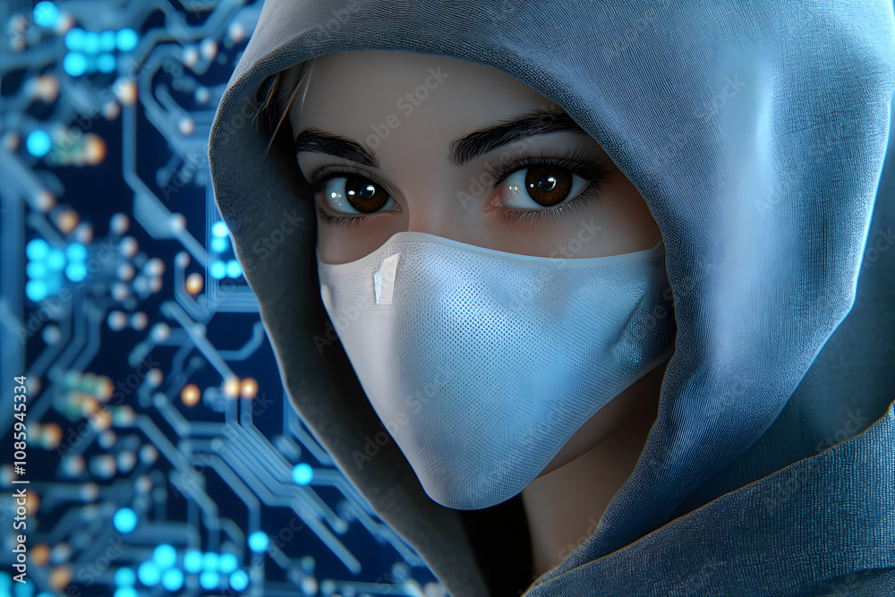 Close up of a woman in a hoodie and mask, representing digital security. Close up of a woman in a hoodie and mask, representing digital security.