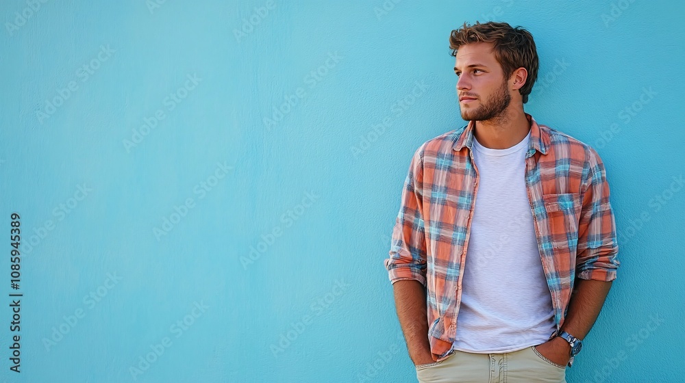 Casual Lifestyle Portrait of a Man Leaning Against Wall in Plaid Shirt and Relaxed Chinos with Natural Expression Casual Lifestyle Portrait of a Man Leaning Against Wall in Plaid Shirt and Relaxed Chinos with Natural Expression