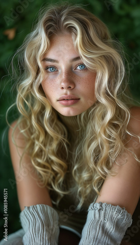 young beautiful simple village girl with blonde curly long hair