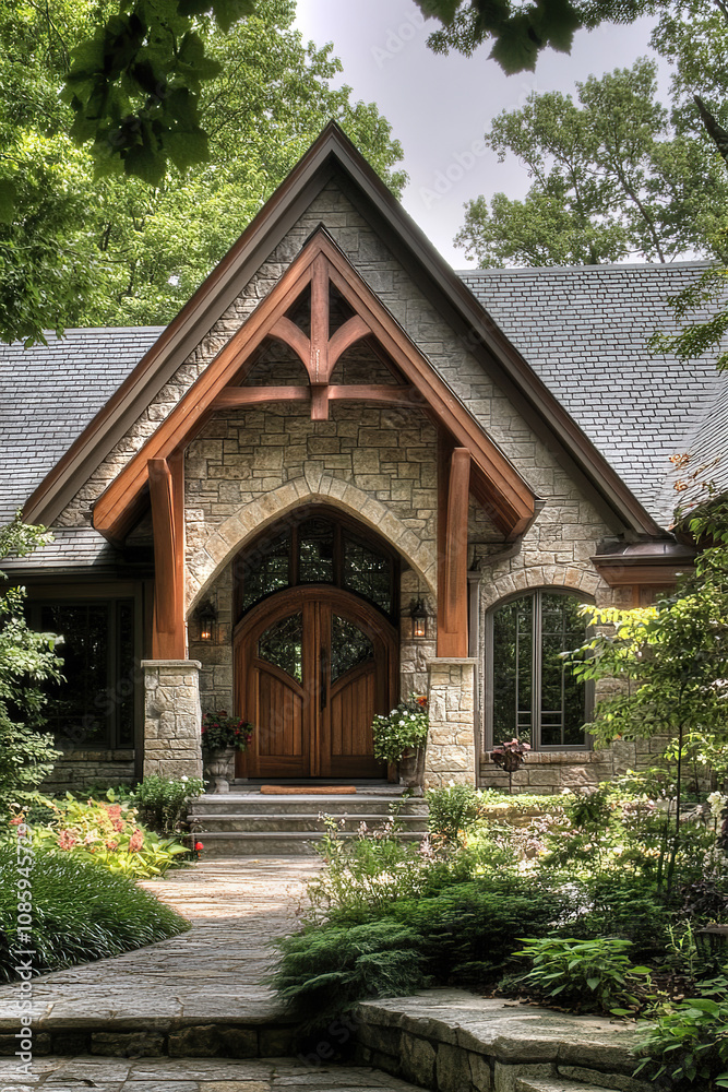 A front view of the exterior, photographing an architectural-style home with stone and wood details, a large gable roofline above a single-door entrance framed by arched wooden columns. A front view of the exterior, photographing an architectural-style home with stone and wood details, a large gable roofline above a single-door entrance framed by arched wooden columns.