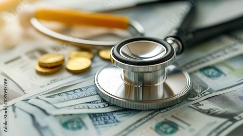 A stethoscope rests on American dollar bills, symbolizing the intersection of healthcare and finance. photo